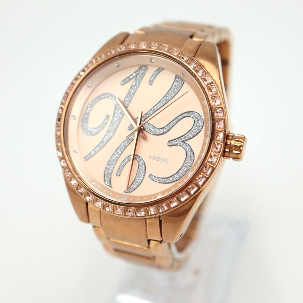 Fossil Women's Rose Gold Tone Watch 40mm Glitter Dial Crystal Bezel BQ1096
